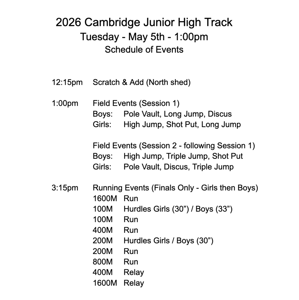2026 JH Cambridge track meet order of events