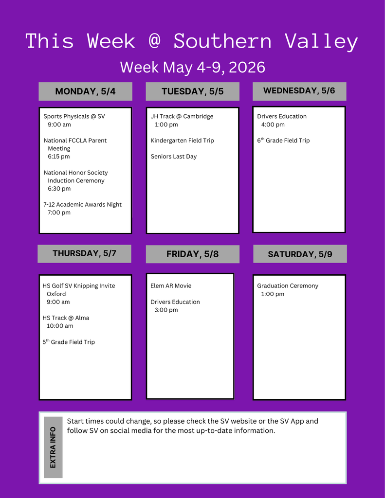 SV week of May 4-9 2026 scheduled activities