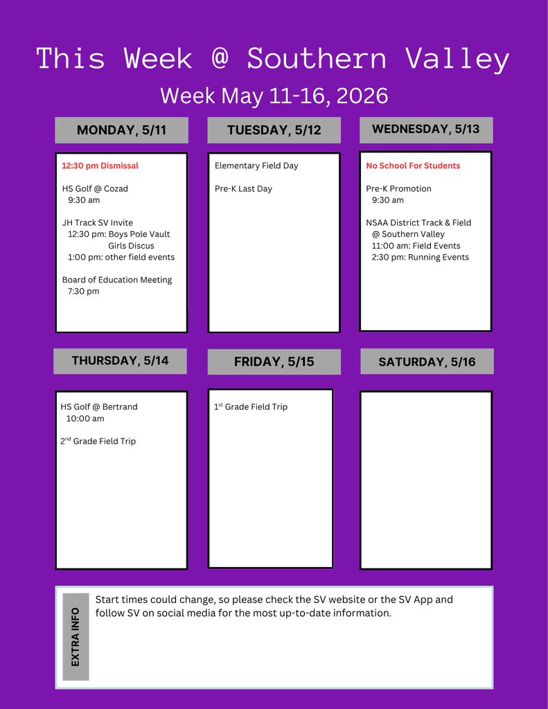 SV week, May 11-16 2026 scheduled activities