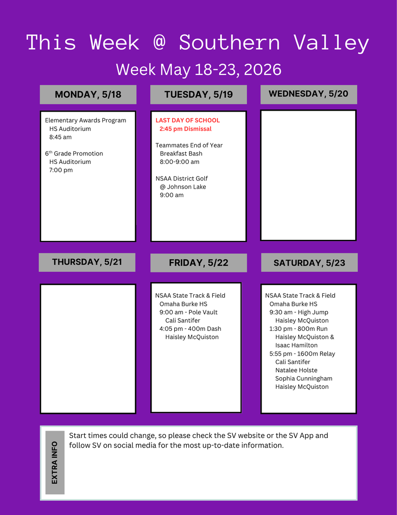 SV week of May 18-23, 2026 activities