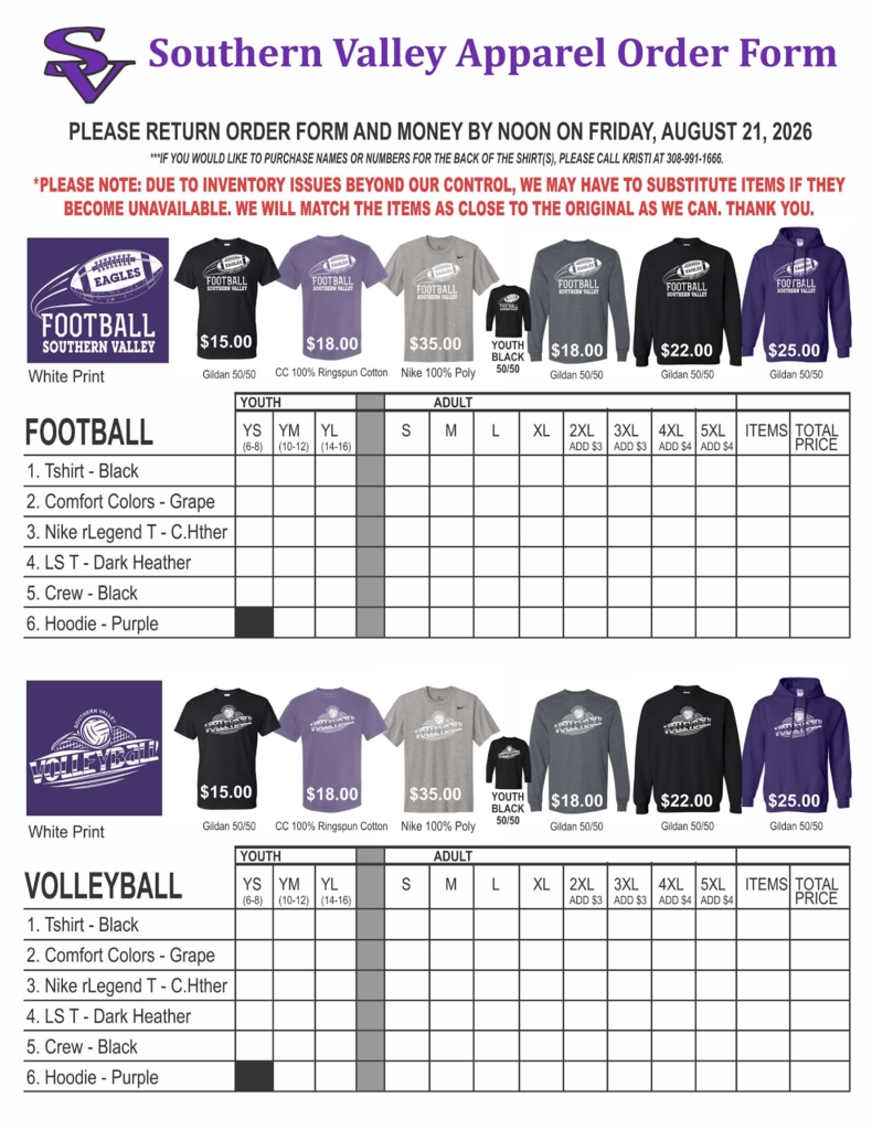 fall sports order form