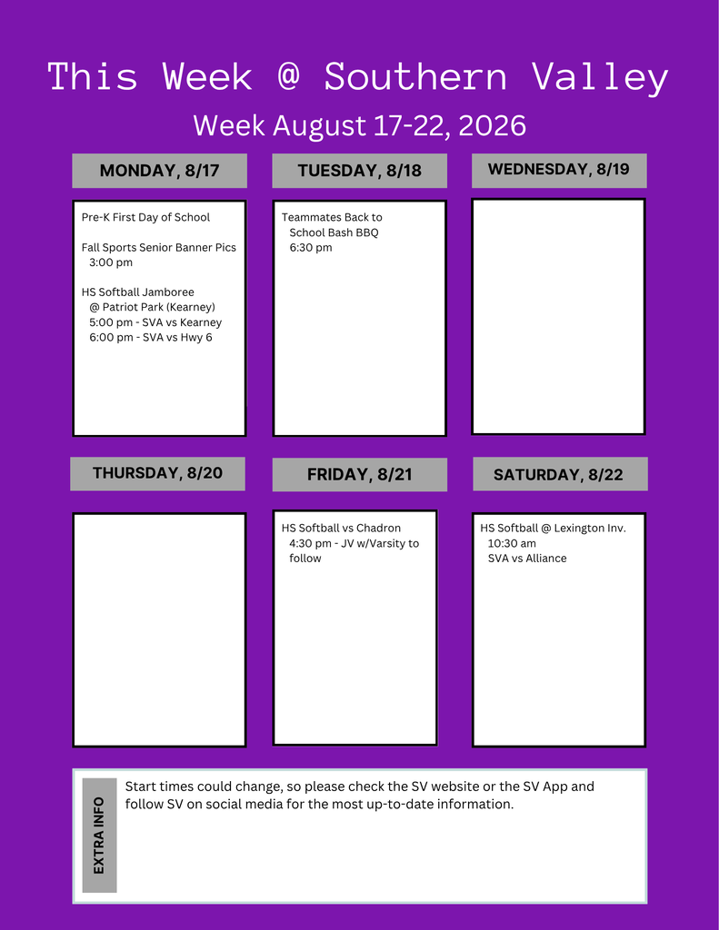 SV weekly calendar of events for the week of August 17 - 22, 2026.