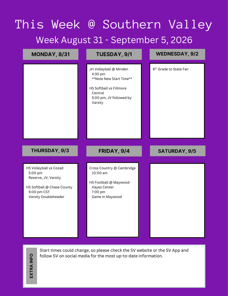 SV activities week of August 31 - September 5 2026