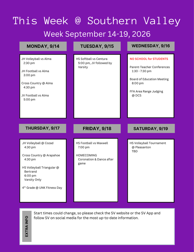 A weekly schedule displays sports events for Southern Valley from September 14 to 20, 2026. Events include JV Football, Cross Country, and HS Football matches, with some activities listed as no school for students.