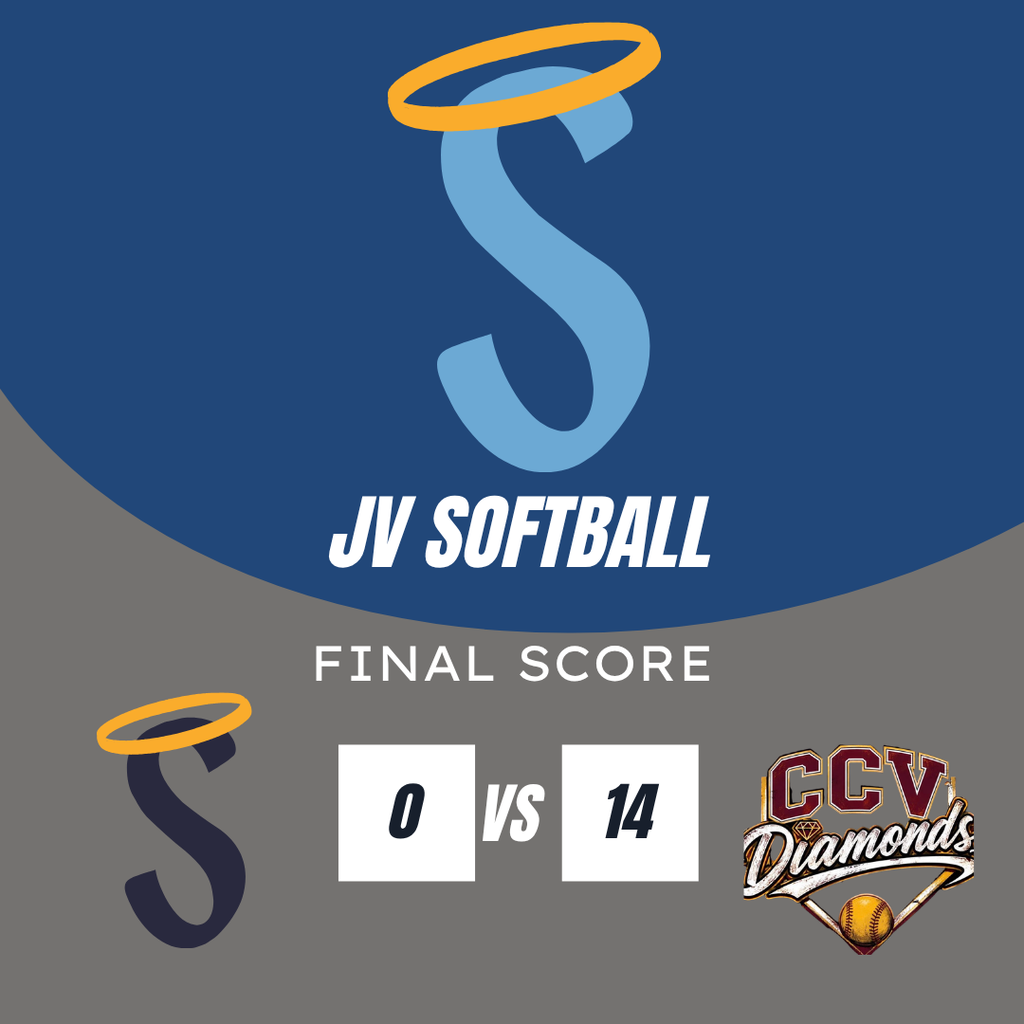 Blue background with JV Softball in bold. Scores 0 vs 14, S with halo. CCV Diamonds logo.