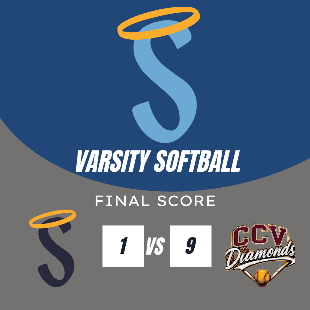 A sports graphic shows the final score of a varsity softball match with the team 'S' losing 1 to 9.