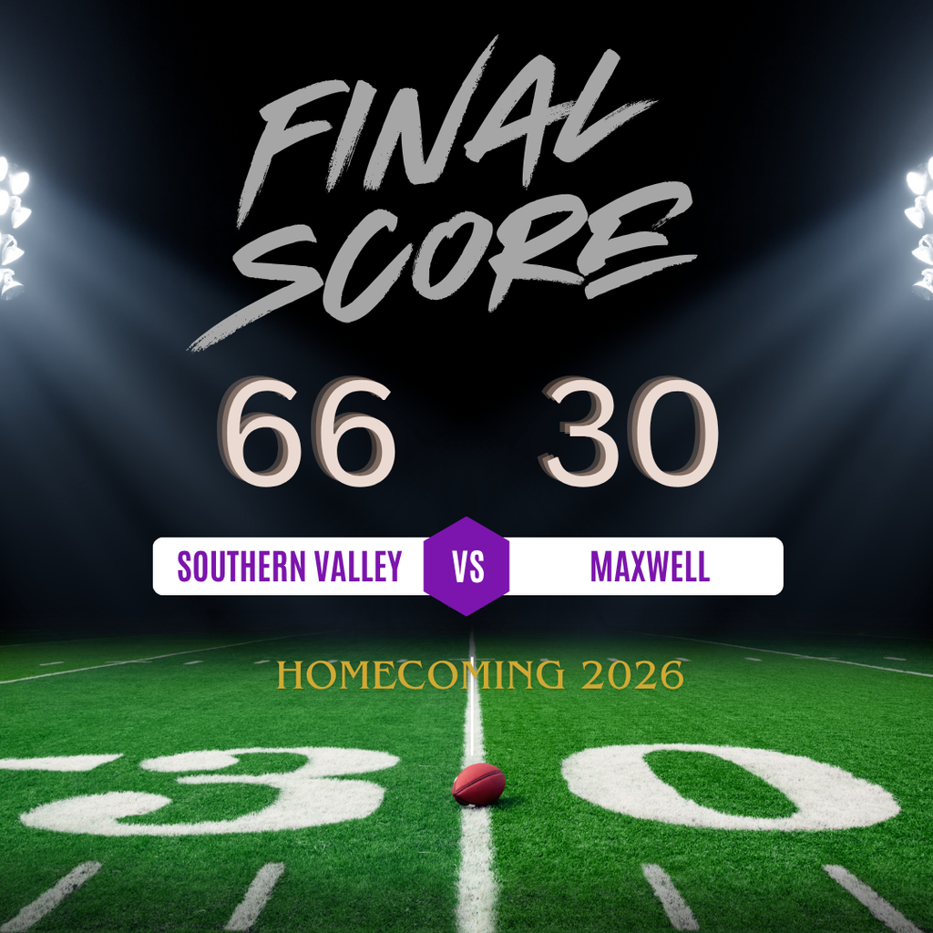 Dark background with text "Final Score: 66-30" and "Southern Valley vs Maxwell" above a football field with a red ball at the 30-yard line.