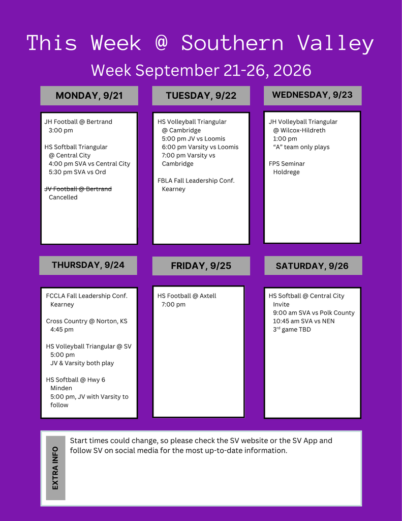 A sports schedule for September 21-26, 2026, lists dates, teams, and times, displayed on a purple background.