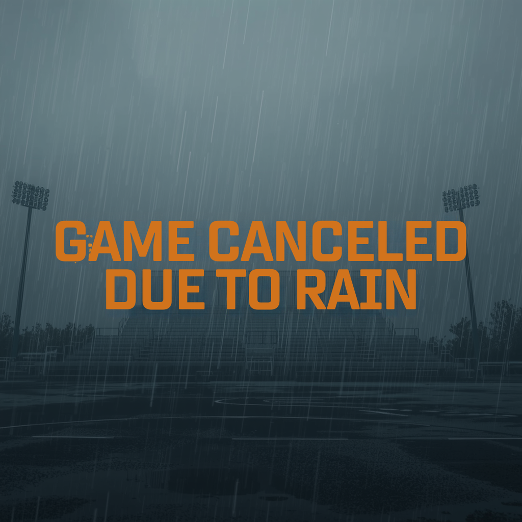 A gray, rainy background shows a blurred stadium field and two stadium lights. Text reads "GAME CANCELED DUE TO RAIN."