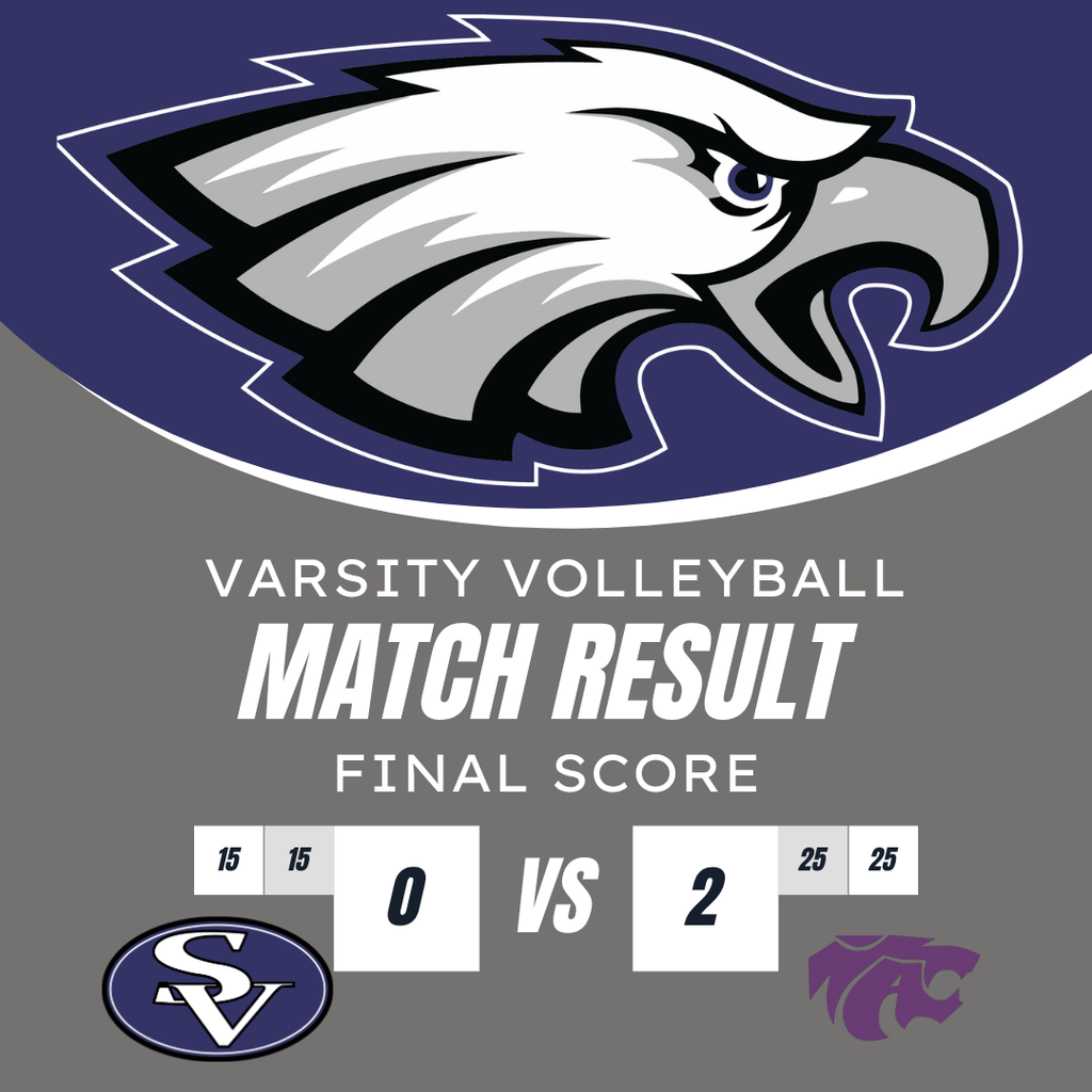 Graphic displays the final score of a volleyball match. Eagles team scores 0, opposing team scores 2. Background is blue with a graphic of an eagle.