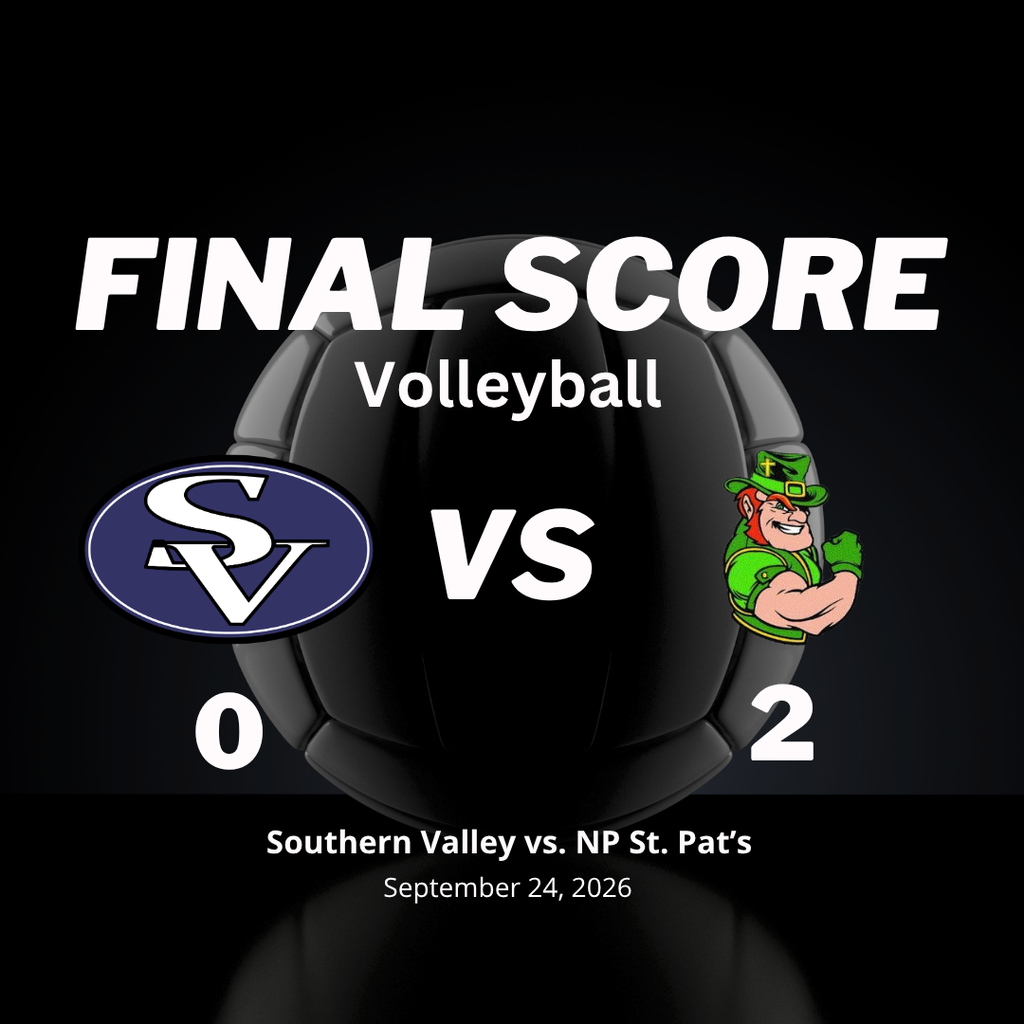 A black background displays a volleyball with "FINAL SCORE" and "Volleyball" text above. Scores are "0" for one team and "2" for the other. Logos and mascots represent the teams.