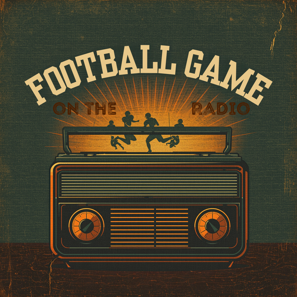 Artwork features a vintage radio with football players in action above it. Text reads "FOOTBALL GAME ON THE RADIO." Green background.