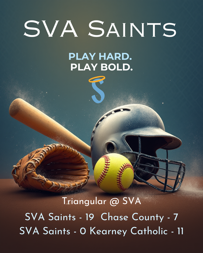 An image displays sports equipment: a bat, mitt, ball, and helmet. Below, text reads "SVA Saints". Below that, scores from three games.