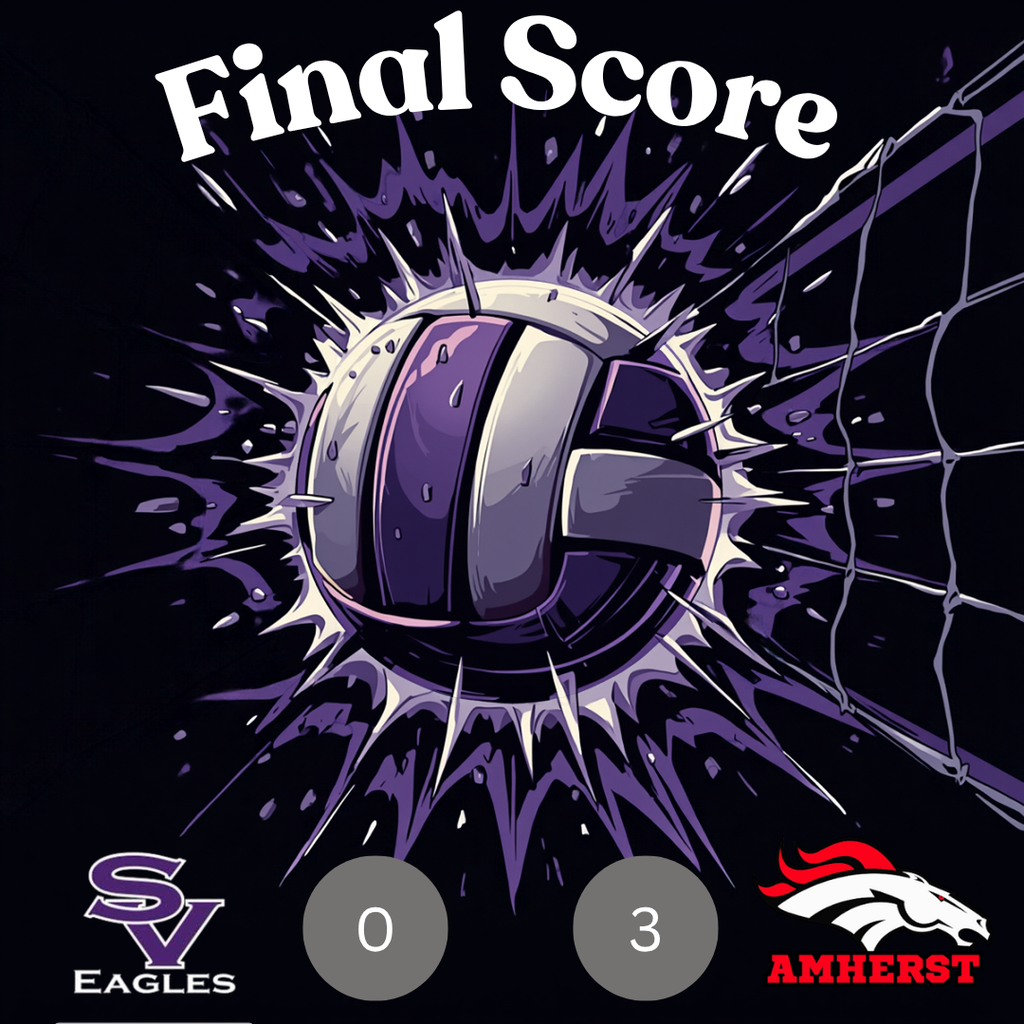 Sports poster with a volleyball, a net, and team logos. Text reads "Final Score: 0 Amherst 3."