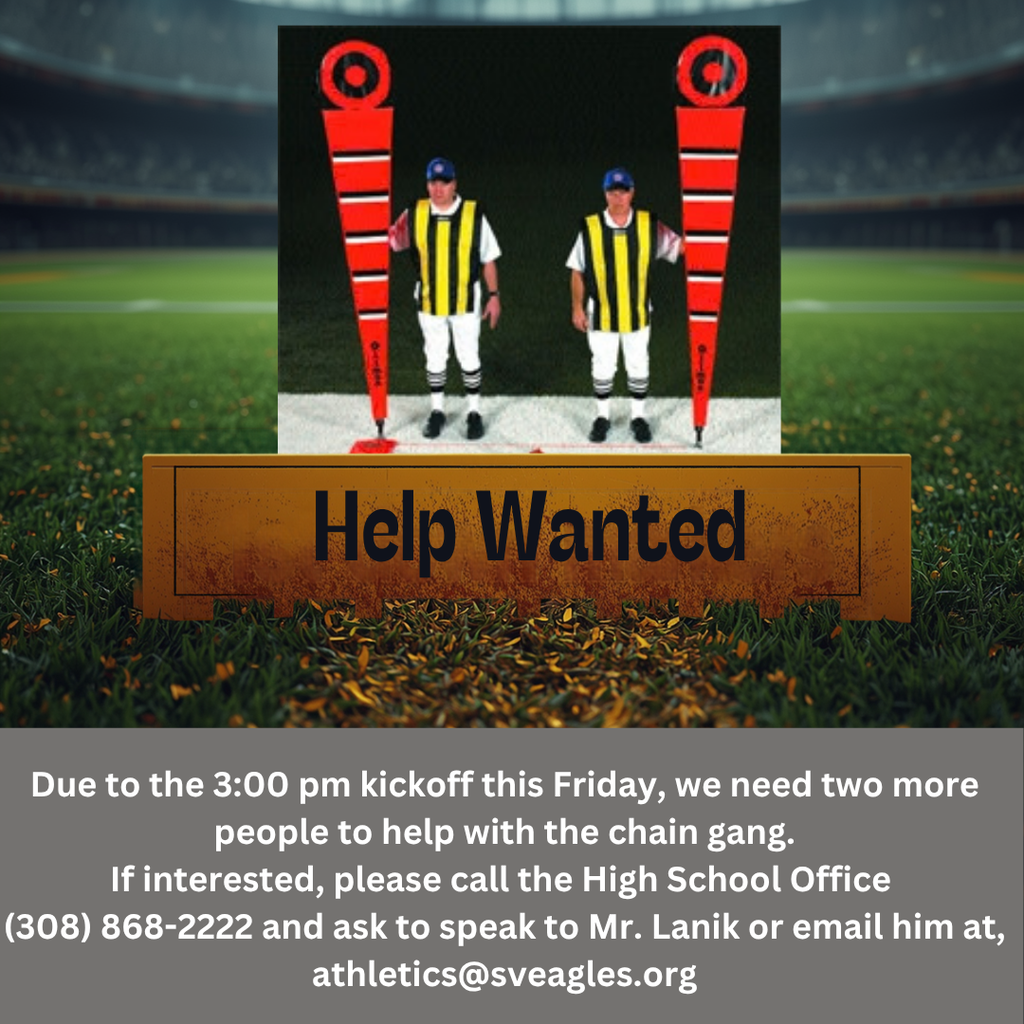 A poster with a sports field in the background and two referees in uniforms. Text reads: "Help Wanted".