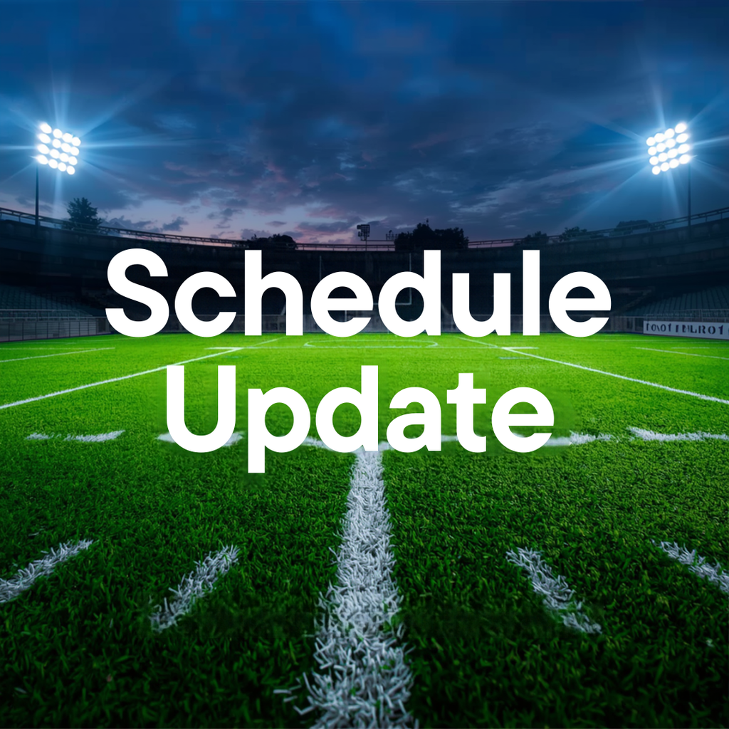 Empty football field with text "Schedule Update" against a dark sky with stadium lights.