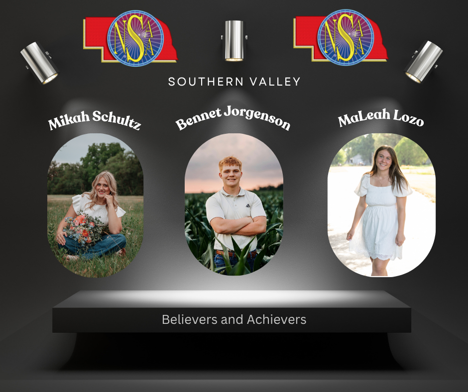 Display with Southern Valley logo, three photos of individuals, and text "Believers and Achievers" on black background.