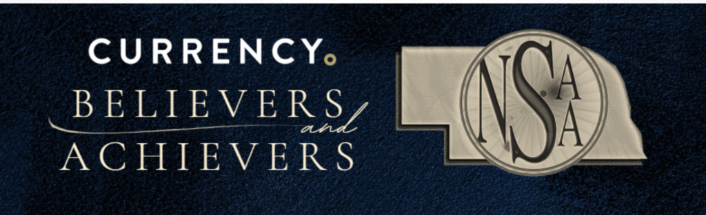 Blue background with two logos. "Currency Believers and Achievers" on left, "NSA" logo on right.