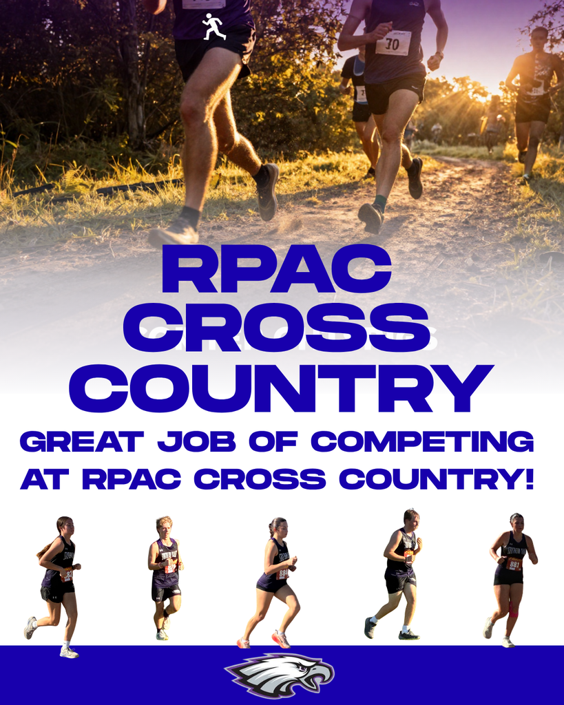 Runners compete in RPAC Cross Country event with text overlay. Background shows a forest trail.