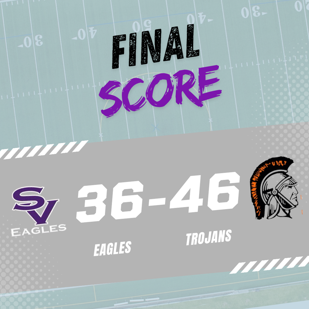 Graphic displays football game result. Text reads "FINAL SCORE: 36-46". Logos show Eagles vs. Trojans.