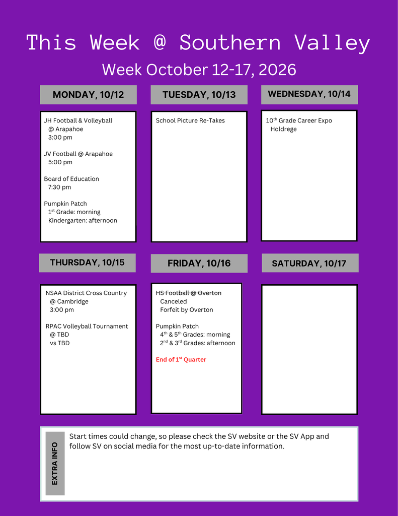 Weekly schedule in purple and white with days listed from Monday, 10/12 to Saturday, 10/17. Activities include football, school picture re-takes, and a career expo.