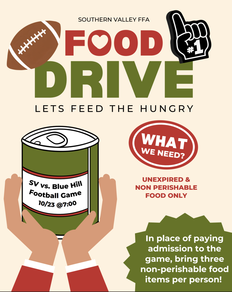 Flyer for a football game. It says "Food Drive" and "Let's Feed the Hungry." The flyer asks for unexpired, non-perishable food.