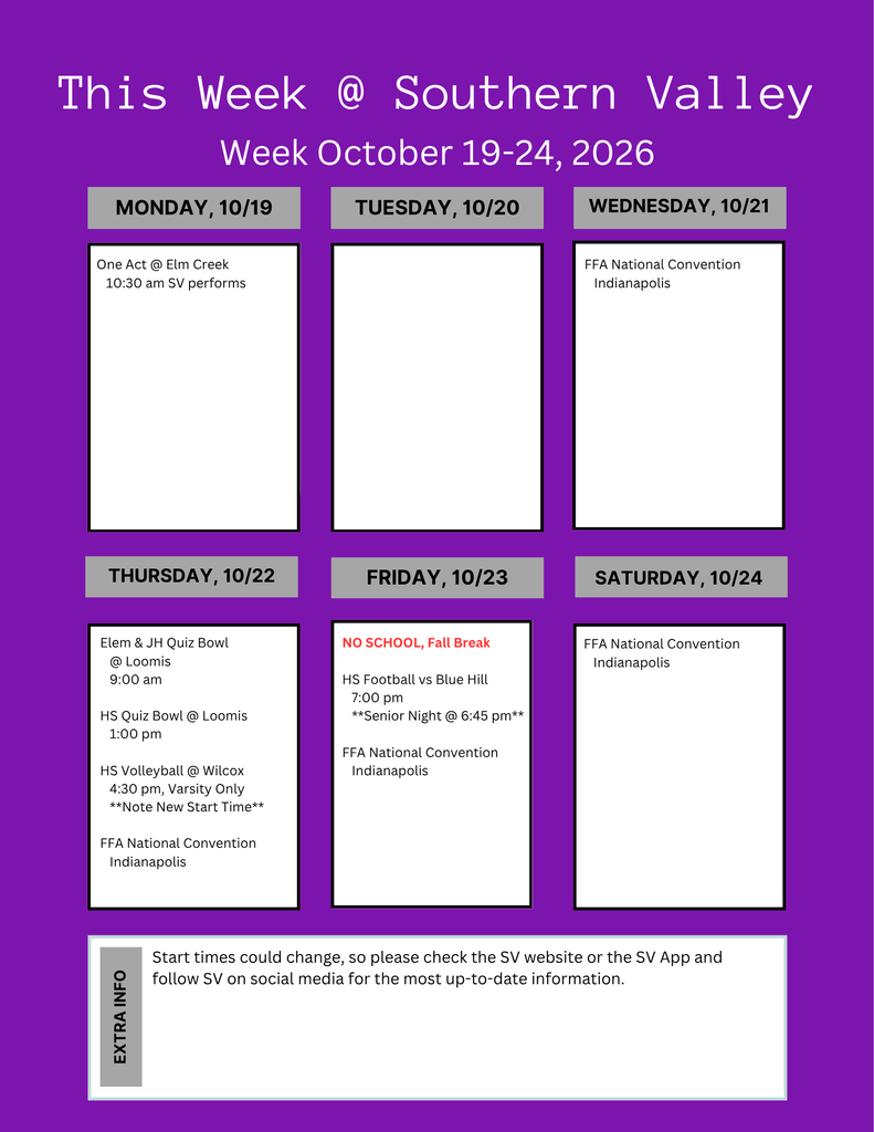 Purple graphic with white text. Columns for Monday to Saturday. Text includes "No School" and "Fall Break".