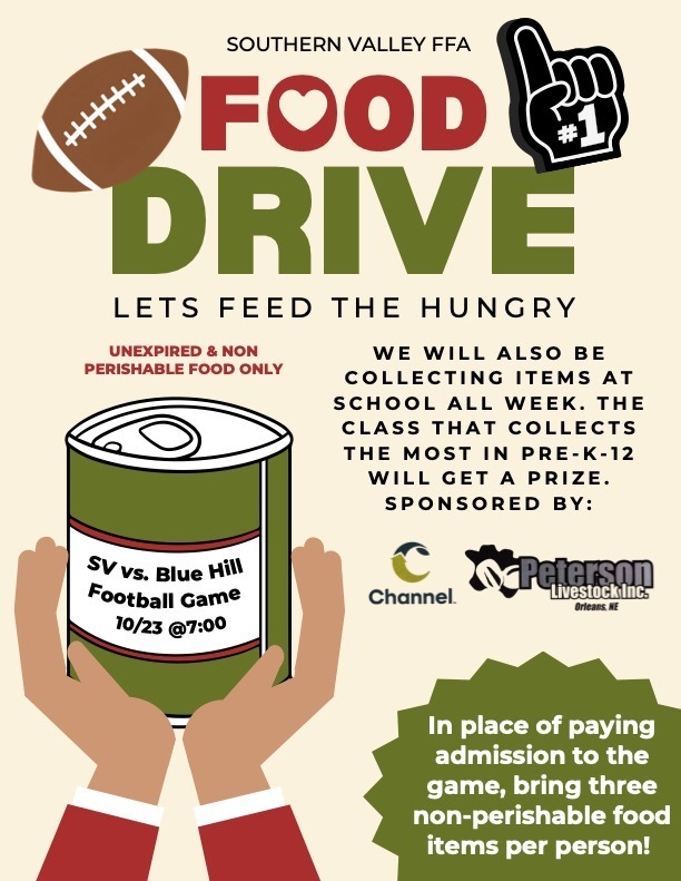 A graphic features a football, a can, hands holding a can, and text about a food drive.