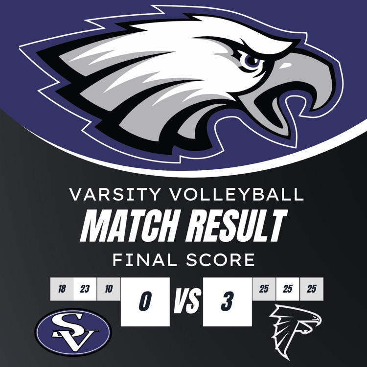 A blue and black graphic shows an eagle logo, followed by "Varsity Volleyball Match Result" and "Final Score."