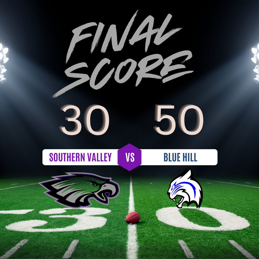 A football field shows two logos. One reads "SOUTHERN VALLEY" with an eagle. The other reads "BLUE HILL" with a wolf.