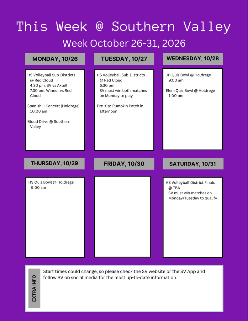 Weekly schedule for Southern Valley school from October 26 to 31, 2026. Columns for each day.