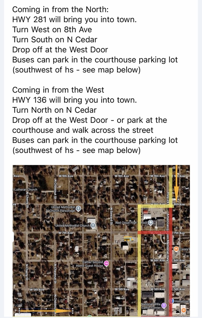 Aerial map of the school with directions from north and west. Directions include turns, roads, and where to park.