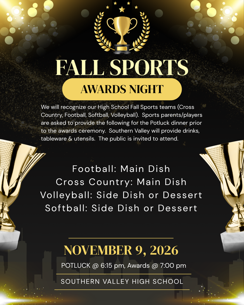 Black and gold awards night flyer with three gold trophies on top. The bottom has a list of food options.