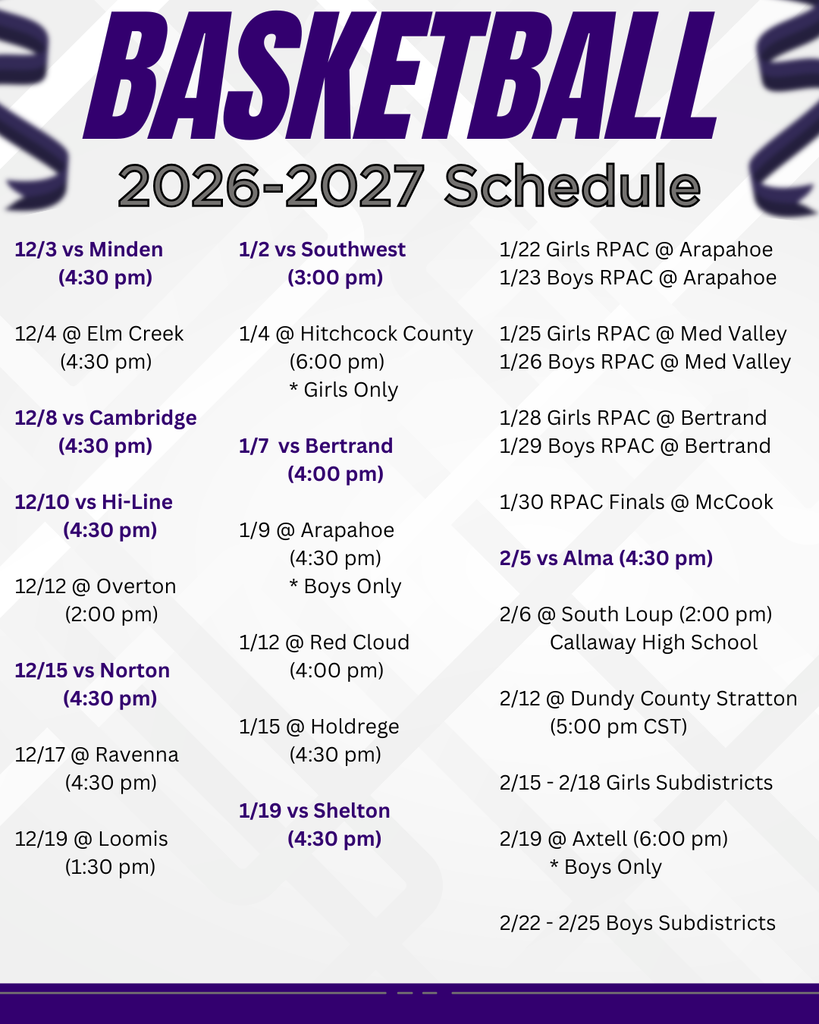 Purple and white text on a white background showing the 2026-2027 basketball schedule with various game dates and times.