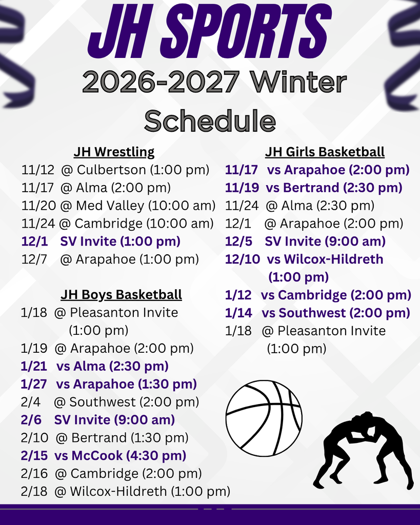 Sports schedule for 2026-2027 winter sports season with dates, times, opponents and venues.