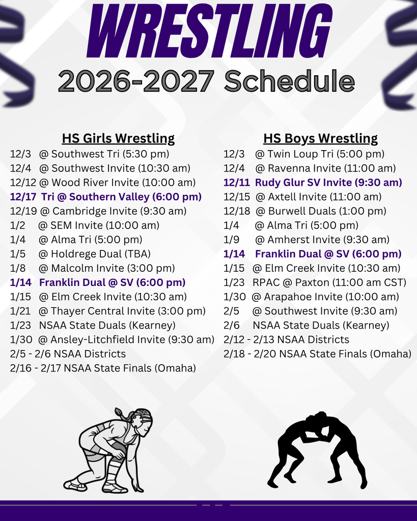 Wrestling schedule for 2026-2027 season, divided into HS Girls and HS Boys categories. Black and white graphic of wrestlers.