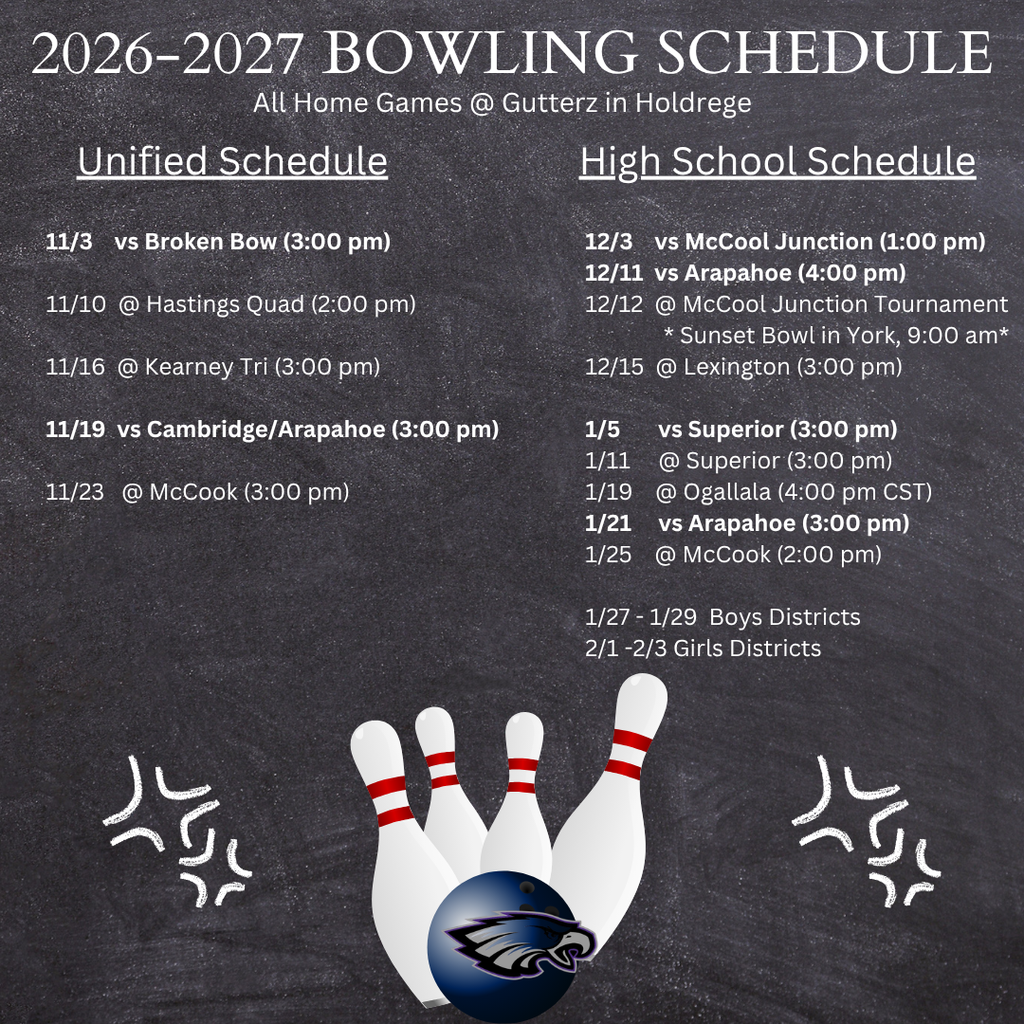 A dark background features bowling schedule information, bowling pins, and a bowling ball with a team logo.