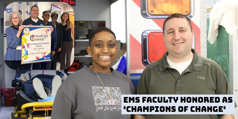 EMS Faculty in front of ambulance simulator