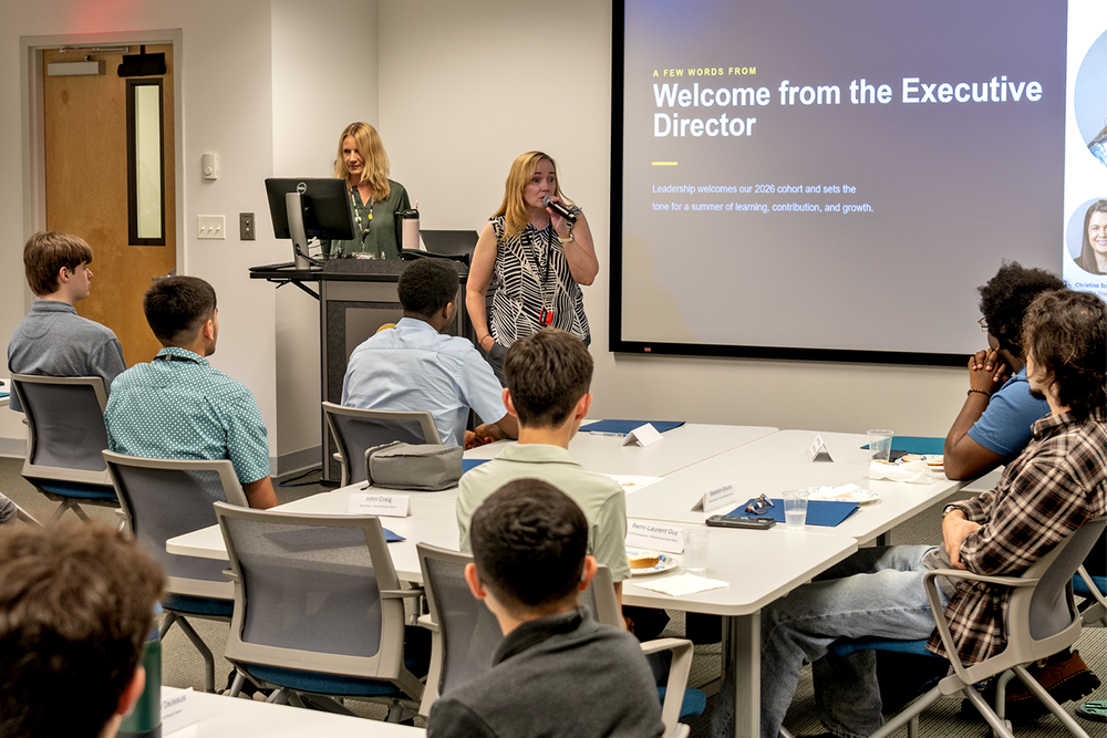 Dr. Ellen J. McDonnell addresses the room on interns