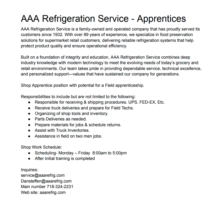 Posting for AAA Refrigeration Service hiring apprentices