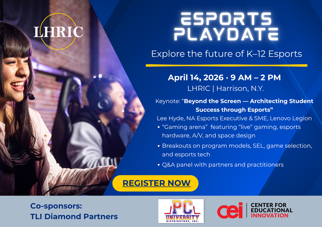 Two graphics that contain text about keynote and breakout sessions for LHRIC eSports Playdate April 14
