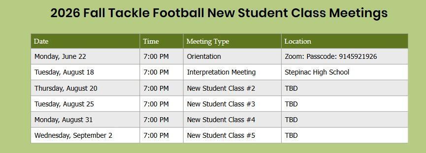 Fall Tackle Football New Student Class Meetings