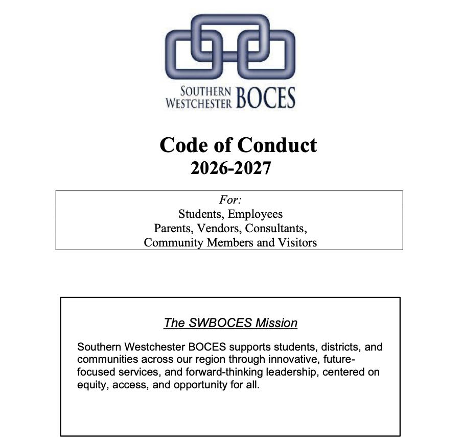Document cover: "Code of Conduct 2026-2027" and "The SWBOCES Mission" with logo of Southern Westchester BOCES.