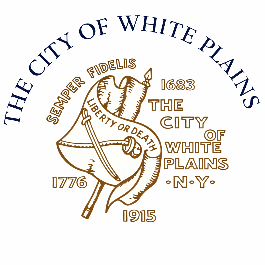 A golden emblem with a shield and sword. Text reads "The City of White Plains" and "Semper Fidelis." Years 1683, 1776, 1915, and 1976 are listed.