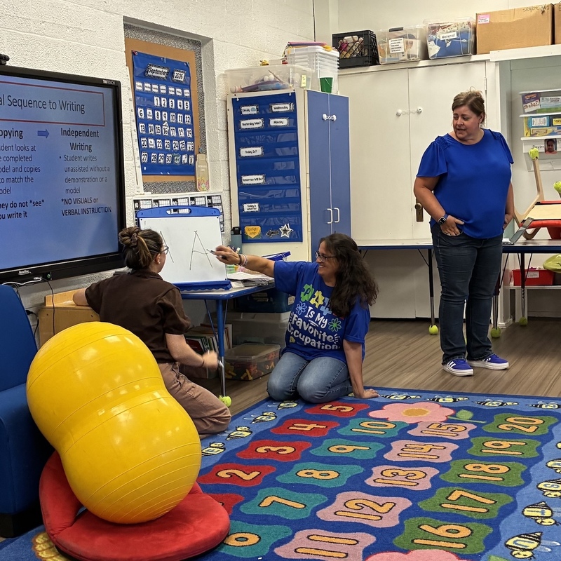 teachers on mat in front of screen as another stands by
