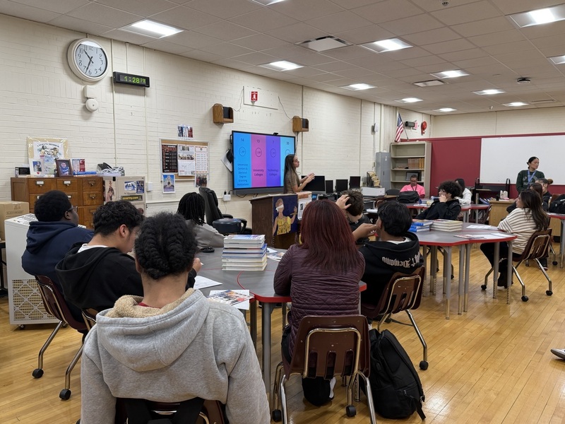classroom of students hears from college rep