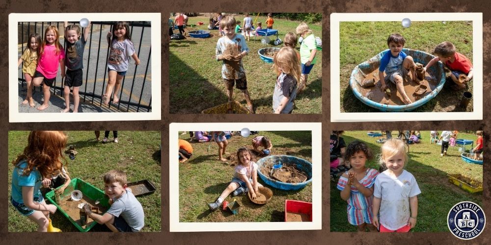 collage pictures of preschoolers playing in mud