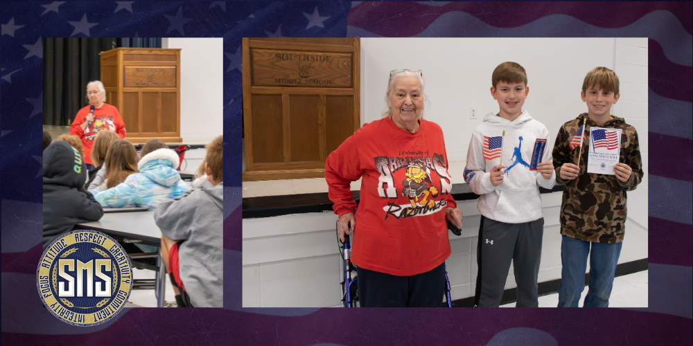 Collage of speaker and 2 students holding flags