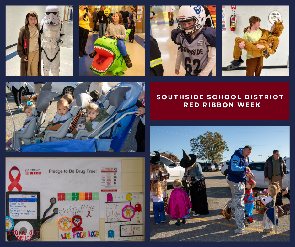 Collage of children in costumes and red ribbon week posters