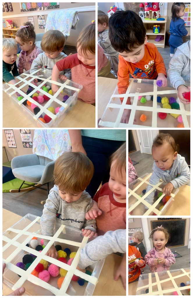 children grabbing colored craft balls out of container